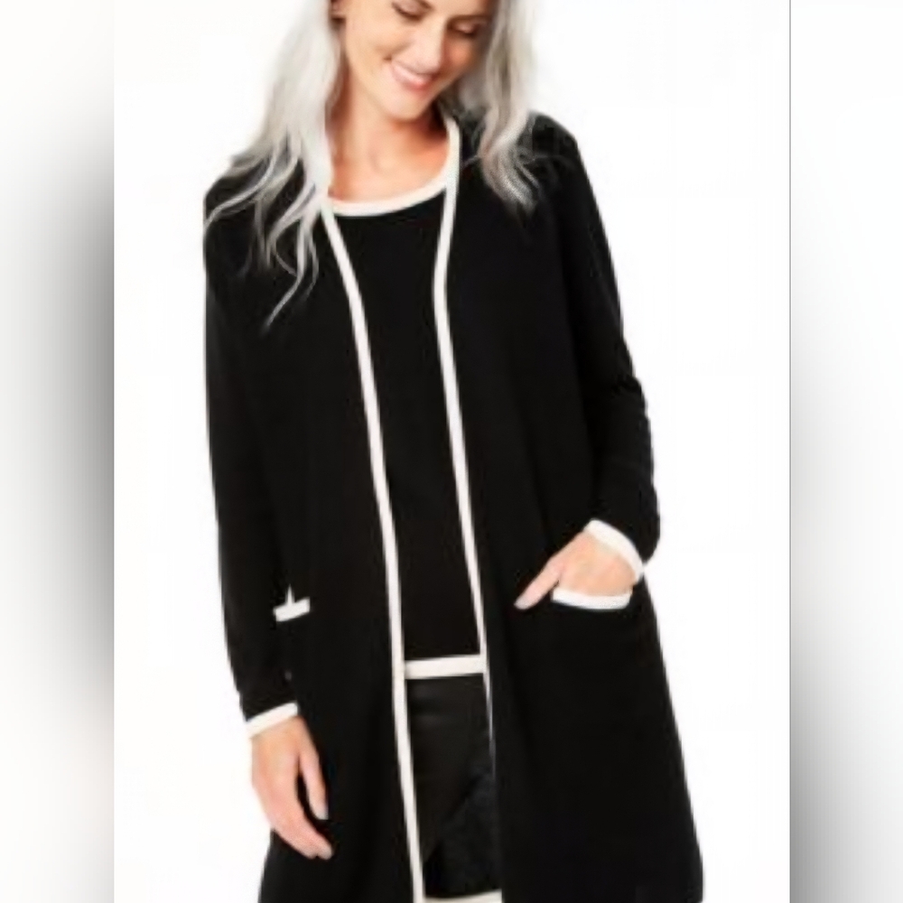 Charter Club 100% Cashemere Black and White Accents Elegant Open Cardigan Sz M
